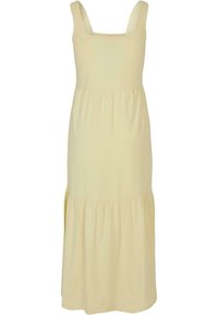 Robe midi jaune pâle sans manches avec encolure carrée, taille froncée et jupe à étages.