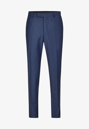 Marineblauwe broek van een gladde stof. Beschikt over een getailleerde pasvorm, voorplooien en een rechte voorkant. Inclusief riemlussen.