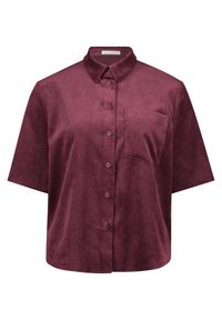 Koszula z krótkim rękawem w kolorze burgundowym z korduroy, z guzikami, kołnierzem i kieszonką na piersi, luźny krój.