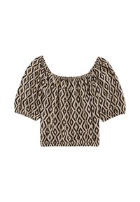 Krátký rukáv, zkrácený top v béžové barvě s černým diamantovým vzorem, se širokým výstřihem a nařasením na rukávech.