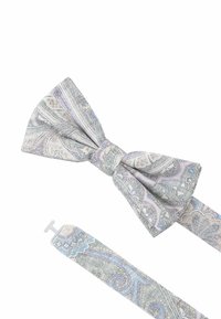 Grau gemusterte Fliege mit aufwendigem Paisley-Design in helllila und blauen Farbtönen, ausgestattet mit einem verstellbaren Band und einem Metallverschluss.