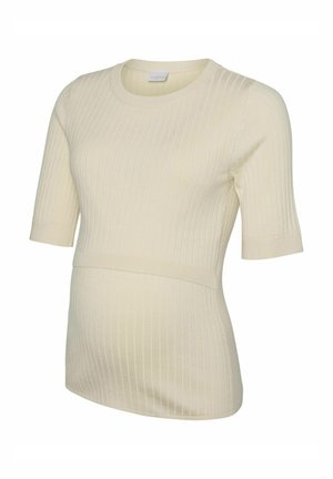 Gestreiftes Umstandsoberteil in cremigem Beige. Mit kurzen Ärmeln, einem runden Halsausschnitt und einem figurnahen Design für Komfort während der Schwangerschaft.