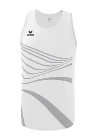 Canottiera sportiva bianca senza maniche con strisce curve grigie e il logo nero Erima sul lato sinistro del petto.
