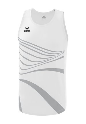 Witte mouwloze sporttanktop met grijze gebogen strepen en het zwarte Erima-logo op de linkerbovenborst.