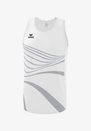 Weißes ärmelloses Sporttanktop mit grauen geschwungenen Streifen und dem schwarzen Erima-Logo auf der oberen linken Brust.