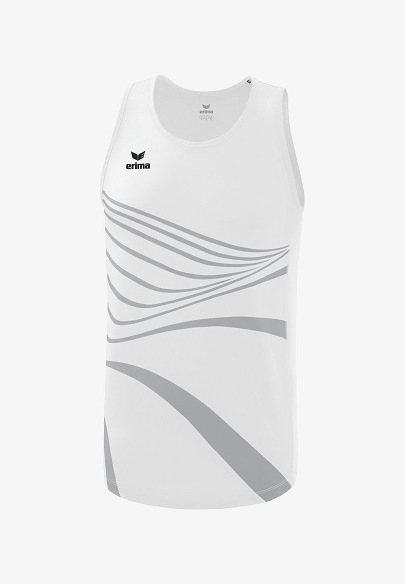 White sleeveless sports tank top with gray curved stripes and the black Erima logo on the upper left chest.