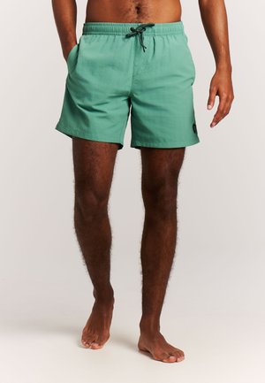 Mies, jolla on vihreät narulla kiristettävät uimashortsit, seisoo paljain jaloin vaalealla taustalla, toinen käsi taskussa ja toinen rentona sivulla.