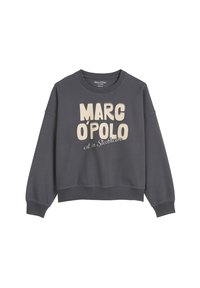 Grauer Sweatshirt mit Rundhalsausschnitt, langen Ärmeln und verk�ürztem Design. Auf der Vorderseite befindet sich beiger Text mit der Aufschrift "MARC O'POLO est in Stockholm."