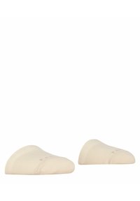 Chaussettes de pied rembourrées beiges avec un design arrondi et une texture côtelée ; logo de marque imprimé sur un côté. Convient aux chaussures de faible profil.