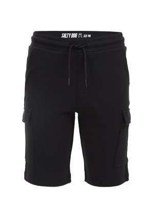 Czarne szorty cargo z sznurkiem w talii, bocznymi kieszeniami na klapę oraz logo "Salty Dog" na wewnętrznej opasce w talii i na dolnej części nogawki.