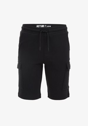 Czarne szorty cargo z sznurkiem w talii, bocznymi kieszeniami na klapę oraz logo "Salty Dog" na wewnętrznej opasce w talii i na dolnej części nogawki.