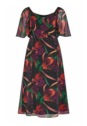 Vestido de manga corta y largo hasta los tobillos, hecho de una tela transparente que presenta un patrón colorido de mariposas y hojas sobre un fondo negro.