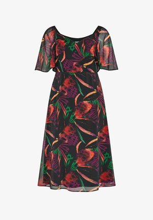 Kortærmet, ankel-længde kjole lavet af gennemsigtigt stof, prydet med et farverigt mønster af sommerfugle og blade på en sort baggrund.