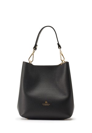 Sac à main en cuir texturé noir avec une anse unique attachée par des fermoirs dorés et un petit logo doré en plein centre devant.