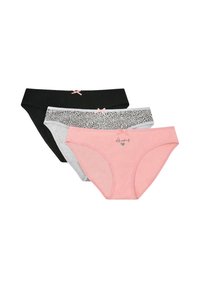 Trzy bikini w kolorze czarnym, w panterkę i różowym, każda z małą kokardką na pasie.