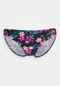 Parte de baixo de biquíni preta com um vibrante padrão floral em tons de rosa, amarelo e verde; feita de um tecido de banho suave e elástico.