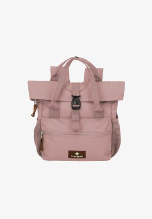 Rosa Canvas-Rucksack mit verstellbaren Trägern, Roll-Top-Design, Vorderfach mit Reißverschluss, seitlichen Netztaschen und Leder-Logo-Detail.