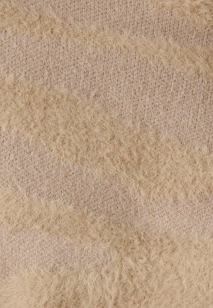 Beige gebreide stof met beige pluizige strepen, met een zachte, gestructureerde oppervlakte en een subtiel golvend patroon.