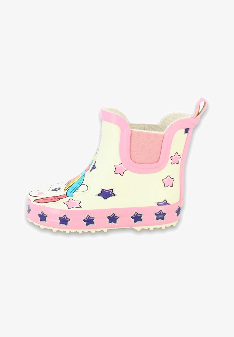 Bottes de pluie pour enfants avec un bord rose, un visage de licorne et des motifs d'étoiles violettes et roses sur fond blanc.