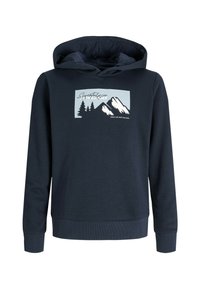 Sweatshirt à capuche bleu marine en coton, ornée d'un graphique de montagne et d'arbre en blanc et bleu clair à l'avant. Coupe classique avec des poignets côtelés.