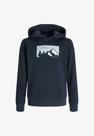 Sweatshirt à capuche bleu marine en coton, ornée d'un graphique de montagne et d'arbre en blanc et bleu clair à l'avant. Coupe classique avec des poignets côtelés.
