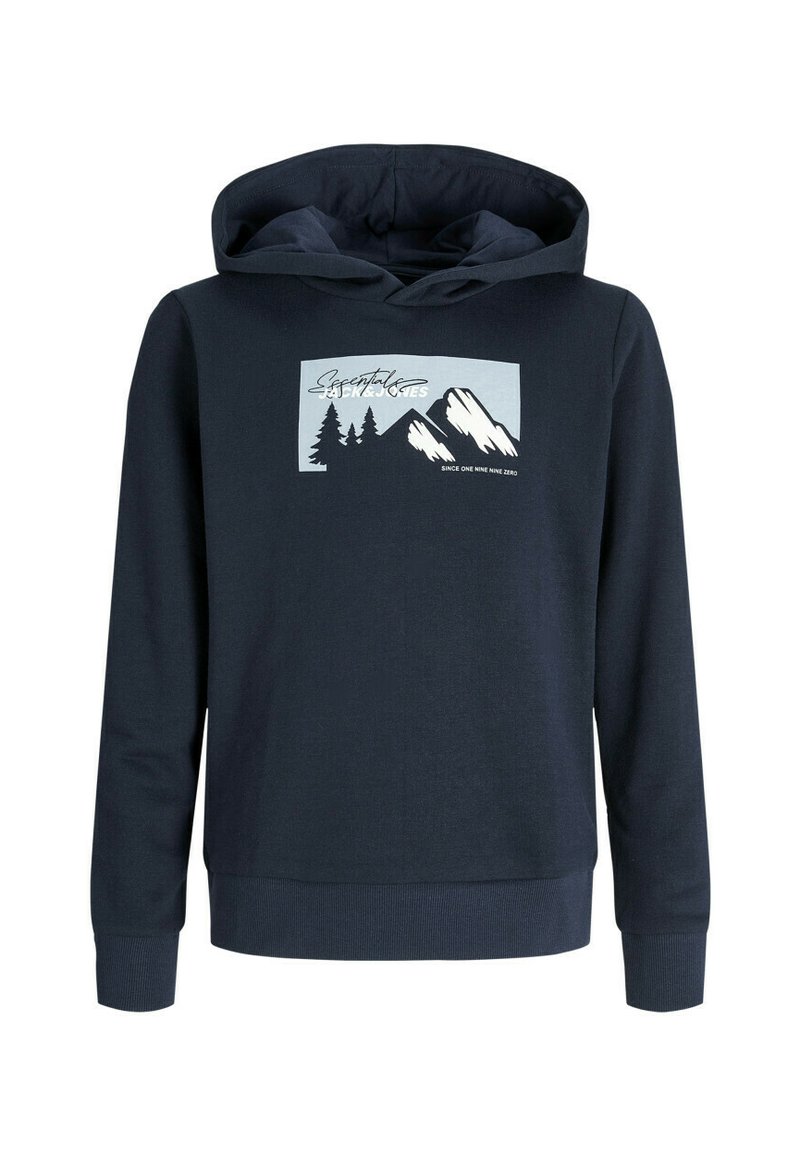Sweatshirt à capuche bleu marine en coton, ornée d'un graphique de montagne et d'arbre en blanc et bleu clair à l'avant. Coupe classique avec des poignets côtelés.