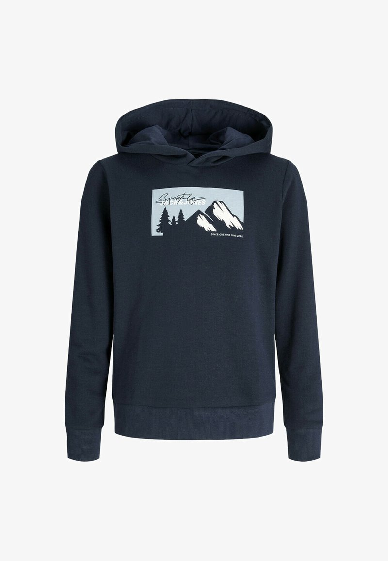 Sweatshirt à capuche bleu marine en coton, ornée d'un graphique de montagne et d'arbre en blanc et bleu clair à l'avant. Coupe classique avec des poignets côtelés.