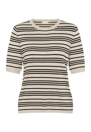 Sweter z krótkim rękawem w paski w kolorze beżowym i czarnym, z okrągłym dekoltem i miękką dzianiną. Poziome paski różnią się szerokością.