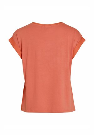 Kurtärmliges korallenfarbenes T-Shirt mit Rundhalsausschnitt, aus weichem Stoff gefertigt. Verfügt über aufgerollte Ärmel und seitliche Schlitze für mehr Bewegungsfreiheit.