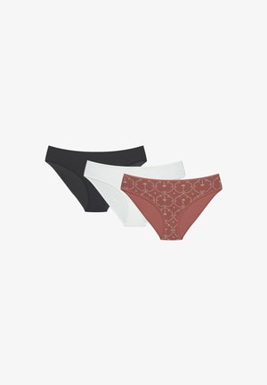 Trzy damskie majtki bikini w kolorach czarnym, białym i rdzawym z beżowym wzorem kwiatowym, wyeksponowane na białym tle z zachodzącymi na siebie.