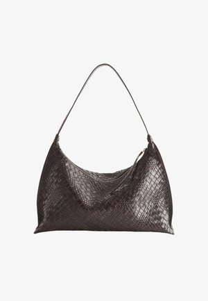 Brown woven leather shoulder bag with a curved silhouette, featuring a zippered top and a single, thin shoulder strap.