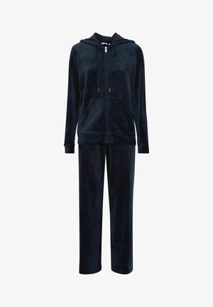 Navy blue fleece tracksuit featuring a zip-up hooded jacket with pockets and matching pants with a relaxed fit. Smooth texture throughout.