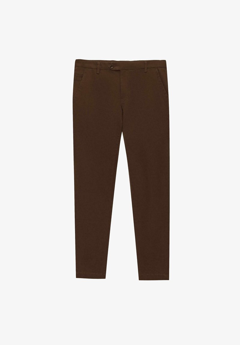Brązowe bawełniane spodnie o slim fit, z bocznymi kieszeniami, zapięciem na guzik i czystym wzorem o gładkiej fakturze.