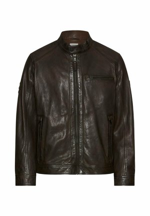 Donkerbruine leren jas met ritssluiting aan de voorkant, opstaande kraag met drukknop en drie ritszakken aan de voorkant en op de mouw.