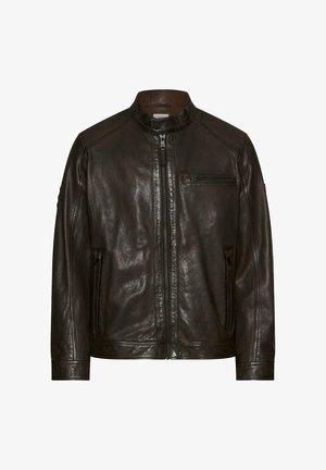 Dark brown leather jacket with front zipper, stand collar with snap button, and three zippered pockets on front and sleeve.