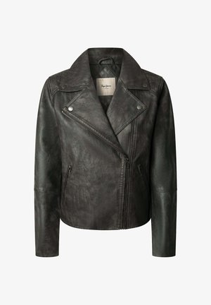 Melnas mākslīgās ādas motocikla jaka ar apvērstu apkakli, asimetrisku rāvējslēdzēju, sānu kabatām un nedaudz nolietotu tekstūru.