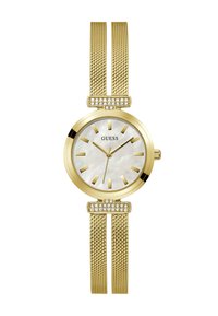 Montre avec un bracelet en maille dorée et un cadran rond en nacre blanche. Présente des index horaires dorés, des aiguilles dorées et des accents cristallins sur le bracelet.