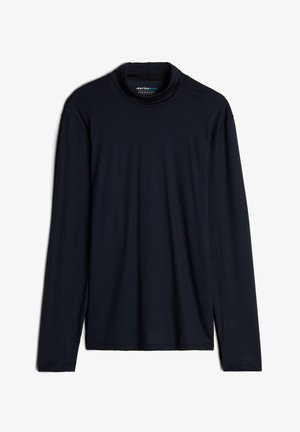 Koszula z długim rękawem w ciemnonawowym merino, z wysokim kołnierzem, miękką fakturą i prostym krojem bez widocznych elementów metalowych czy wzorów.