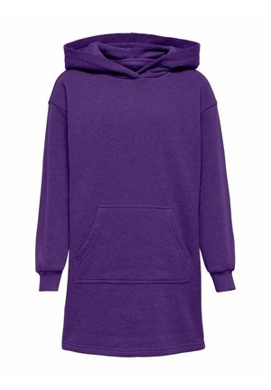 Robe-pull à capuche à manches longues violette avec poche kangourou à l'avant et poignets côtelés, présentée sur fond blanc uni.