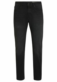 Vaqueros de mezclilla negra con corte ajustado, que cuentan con cinco bolsillos, presillas para cinturón y una sutil textura desgastada. Corte recto con mínimos detalles de costura.