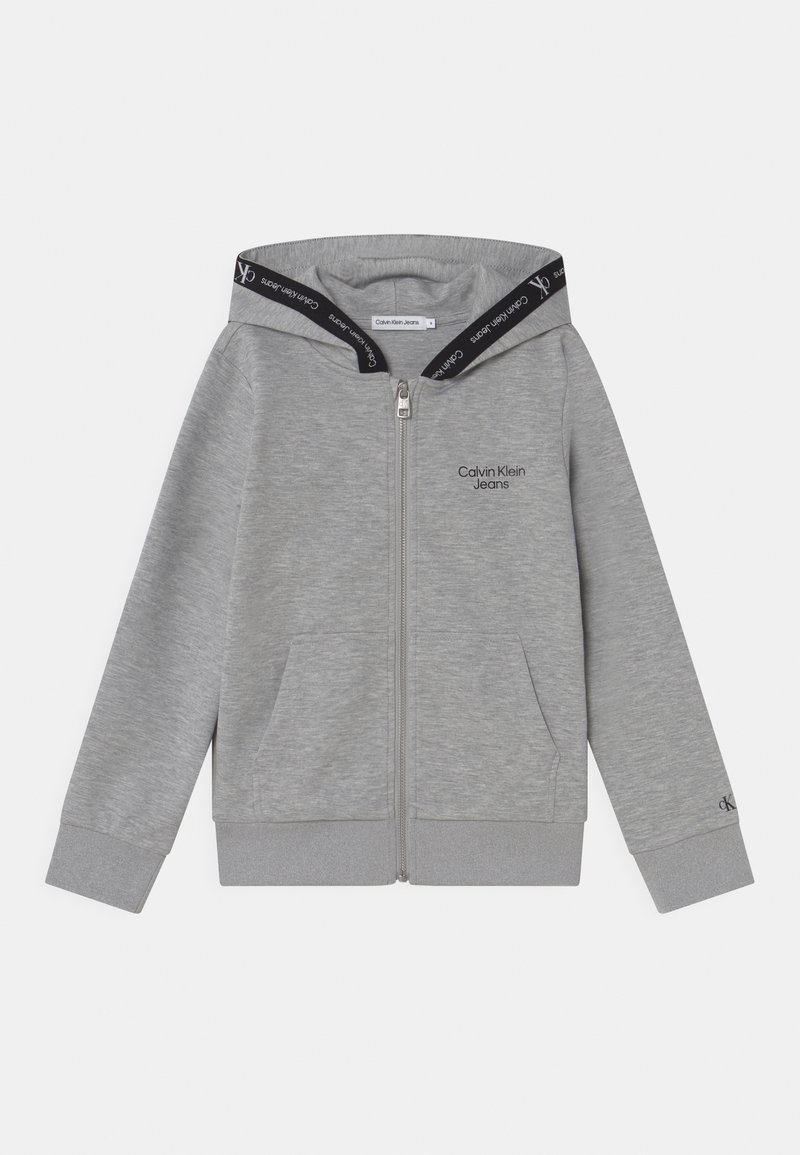 Szara bluza z kapturem na zamek, wykonana z mieszanki bawełny, z logo na piersi, dwoma przednimi kieszeniami i czarnymi wzorzystymi akcentami wewnątrz kaptura.