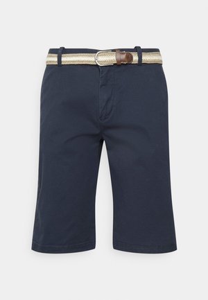 Dunkelblaue Shorts aus Baumwolle, mit Gürtelschlaufen und einem geflochtenen Gürtel mit einer silbernen Schnalle. Gerader Schnitt mit glatter Textur.