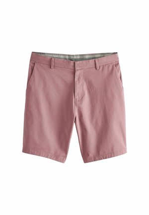 Shorts roses clairs en tissu tissé. Caractéristiques : deux poches latérales, passants de ceinture et une taille à motif gris.