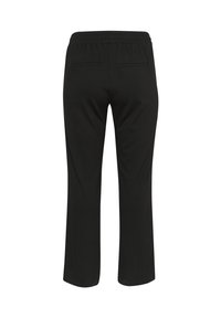 Pantalons noirs détendus avec une taille élastique, deux poches arrière et une texture lisse. Design avec une longueur raccourcie.