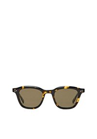 Sluneční brýle v želvovinovém stylu s tlustým plastovým rámem, zelenými sklony, čtvercovým tvarem a malými dekorativními tečkami na stranách.