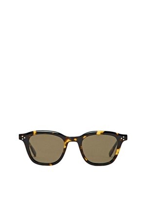 Sluneční brýle v želvovinovém stylu s tlustým plastovým rámem, zelenými sklony, čtvercovým tvarem a malými dekorativními tečkami na stranách.