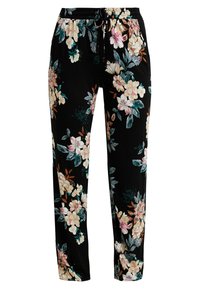 Bloemmotiefbroek van zwarte stof, met een trekkoord in de taille, ontspannen pasvorm, versierd met levendige roze, witte en groene bloemen en bladeren.