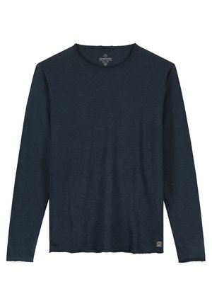 Pikem varrukatega tumesinine t-särk, mis on valmistatud pehmest kangast, ringja kaelusega, veidi kulunud äärega ja väikese logosilma aktsendiga.