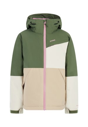 Grün-beige-weiße Blockfarbenjacke mit einem pinken Reißverschluss, verstellbarem Kapuzen und Logodetails auf der Brust. Wasserdichtes Material.