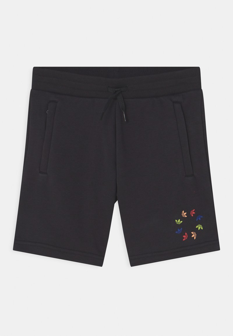 Pantaloncini atletici neri in materiale morbido, con vita regolabile con coulisse e due tasche laterali. Nota decorazione di foglie multicolori sull'orlo.